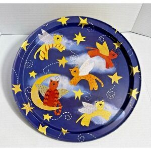 Vintage Angel Cats Tin Serving Tray Blue Celestial Starry Night Round 13"